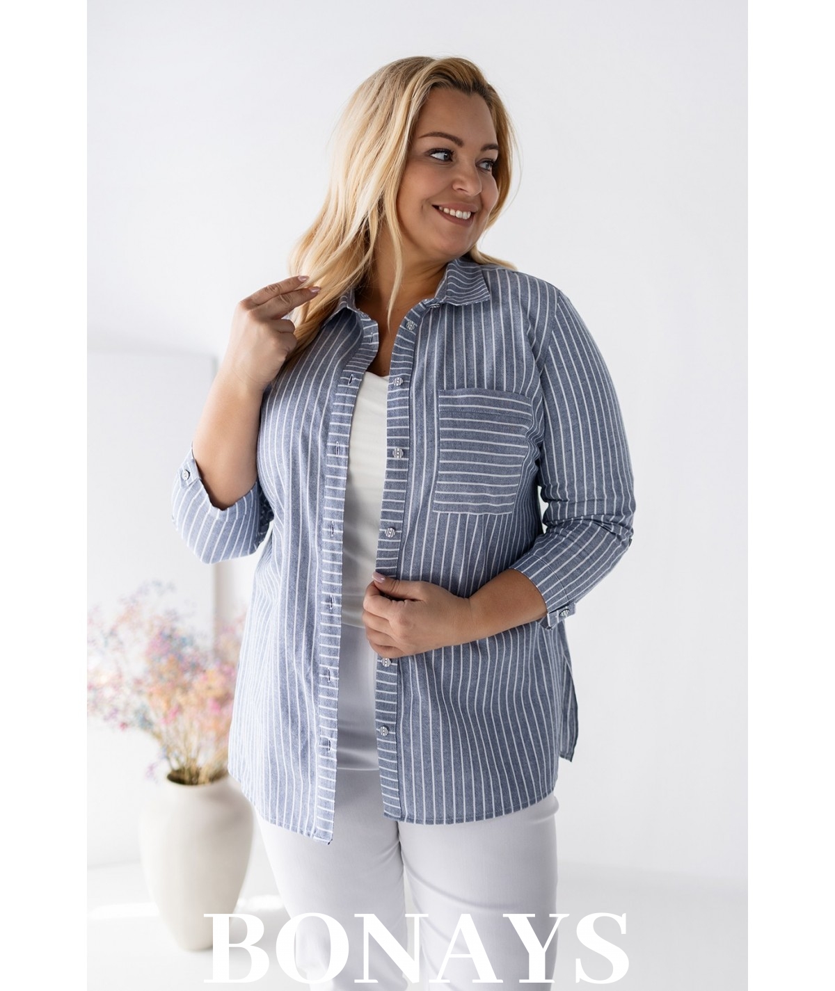 Koszula bawełniana Marine w paski w rozmiarach plus size – wygodna, naturalna, elegancka koszula z rękawem 3/4