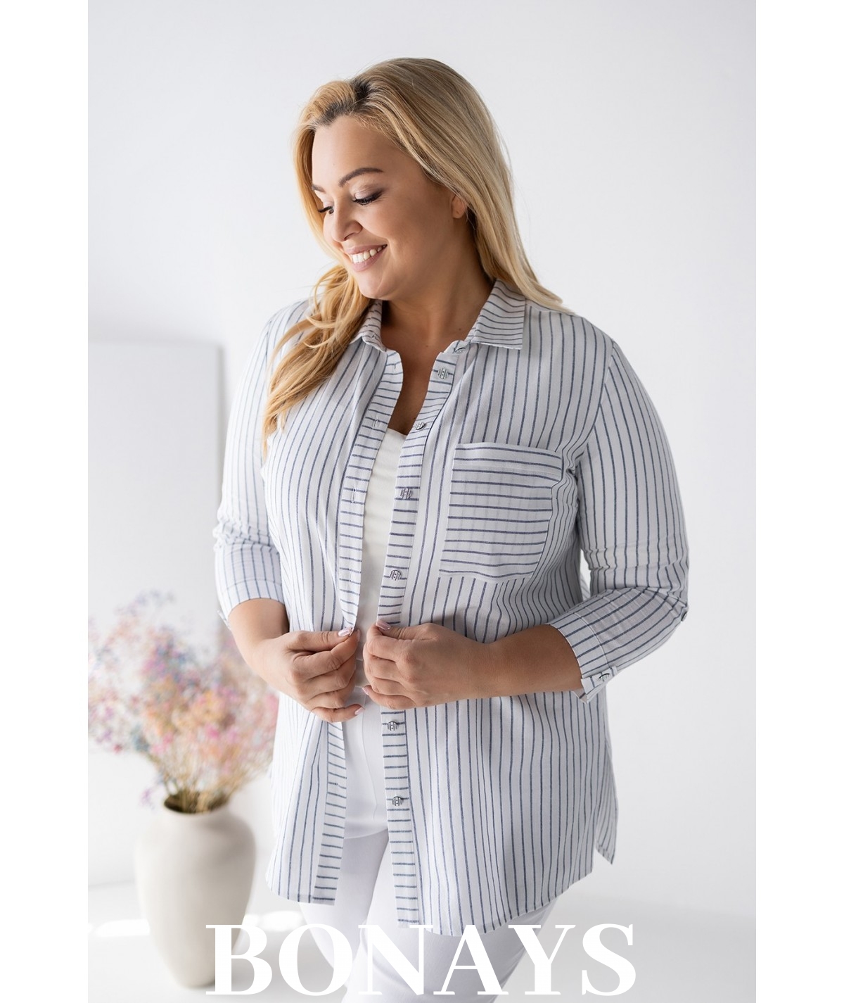 Koszula bawełniana Marine w paski w rozmiarach plus size – wygodna, naturalna, elegancka koszula z rękawem 3/4