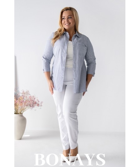 Bawełniana koszula w drobne niebieskie paski z kołnierzykiem Plus Size Marine