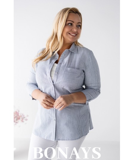 Bawełniana koszula w drobne niebieskie paski z kołnierzykiem Plus Size Marine