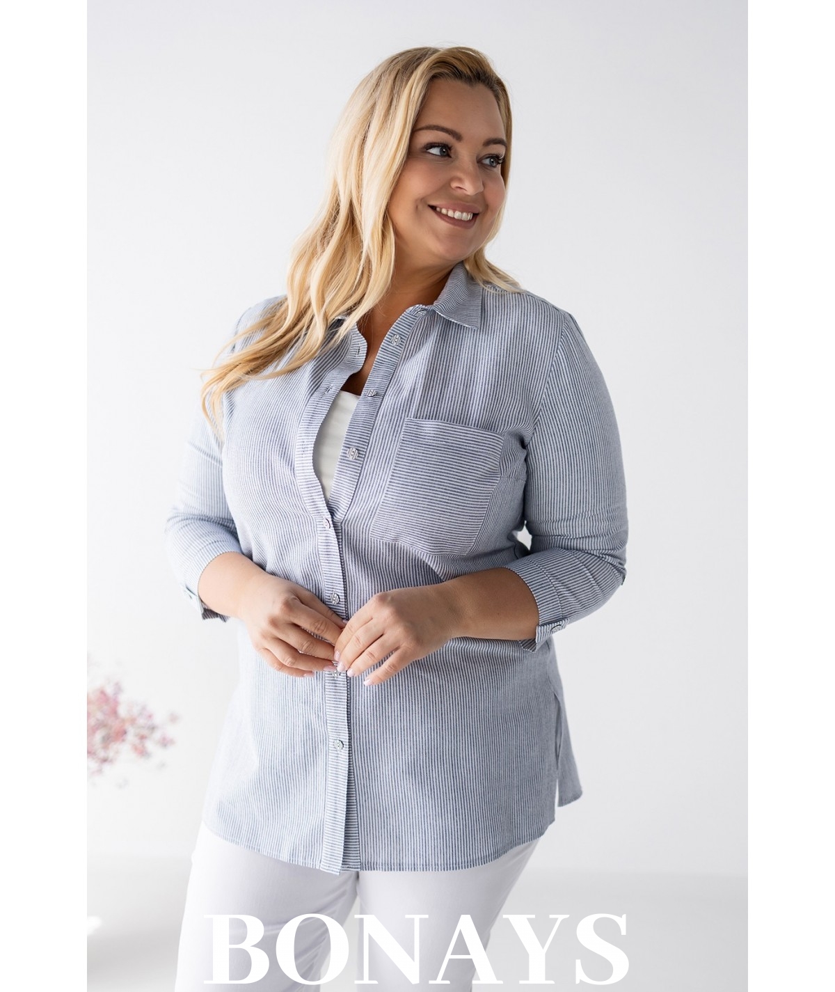 Bawełniana koszula w drobne niebieskie paski z kołnierzykiem Plus Size Marine