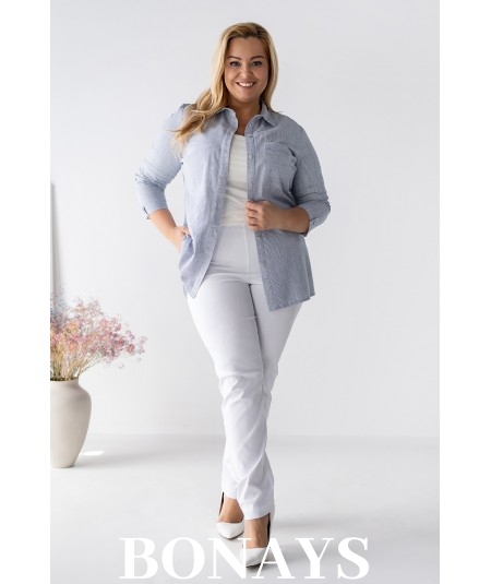 Bawełniana koszula w drobne niebieskie paski z kołnierzykiem Plus Size Marine