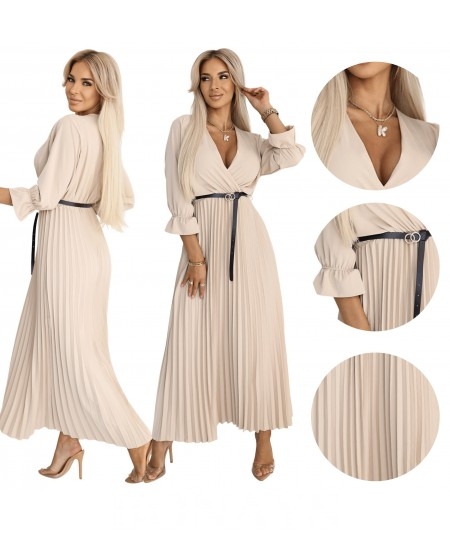 Plisowana sukienka maxi z dekoltem, paskiem i rękawem 3/4 Beżowa Serena