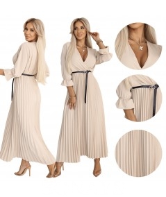 Plisowana sukienka maxi z dekoltem, paskiem i rękawem 3/4 Beżowa Serena
