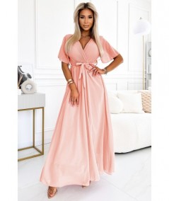 Brzoskwiniowa długa sukienka z plisowanym dekoltem i wiązaniem Emili