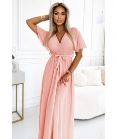 Brzoskwiniowa długa sukienka z plisowanym dekoltem i wiązaniem Emili