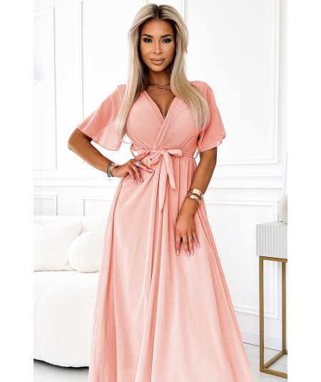 Brzoskwiniowa długa sukienka z plisowanym dekoltem i wiązaniem Emili