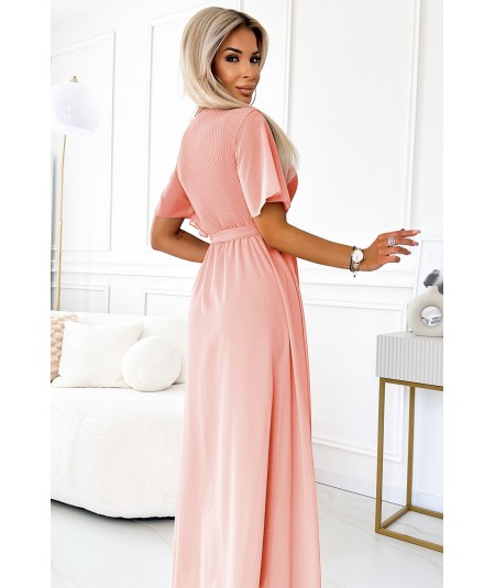 Brzoskwiniowa długa sukienka z plisowanym dekoltem i wiązaniem Emili