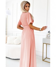 Brzoskwiniowa długa sukienka z plisowanym dekoltem i wiązaniem Emili