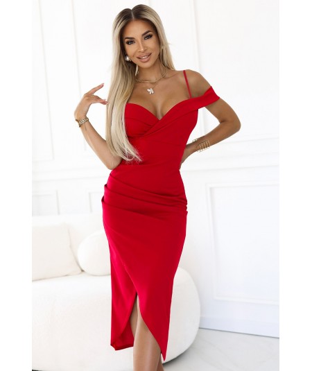 Czerwona Sukienka midi z odkrytymi ramionami i dekoltem serce Callie