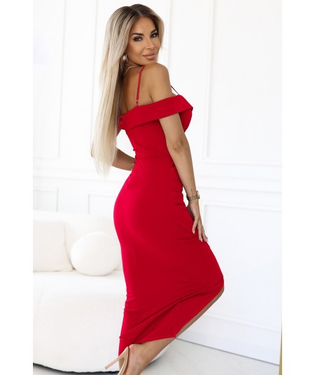 Czerwona Sukienka midi z odkrytymi ramionami i dekoltem serce Callie