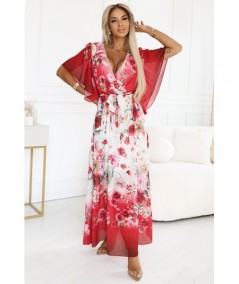 Kopertowa sukienka maxi w kwiaty o zwiewnym fasonie z paseczkiem czerwona