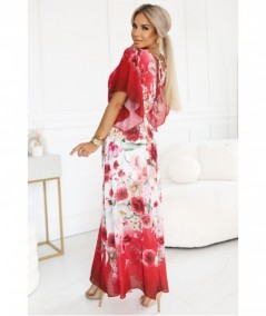 Kopertowa sukienka maxi w kwiaty o zwiewnym fasonie z paseczkiem czerwona