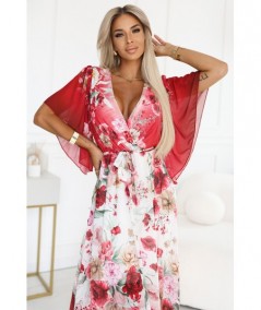 Kopertowa sukienka maxi w kwiaty o zwiewnym fasonie z paseczkiem czerwona