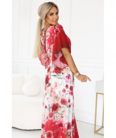 Kopertowa sukienka maxi w kwiaty o zwiewnym fasonie z paseczkiem czerwona