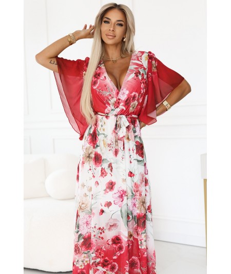 Kopertowa sukienka maxi w kwiaty o zwiewnym fasonie z paseczkiem czerwona