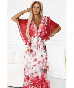 Kopertowa sukienka maxi w kwiaty o zwiewnym fasonie z paseczkiem czerwona