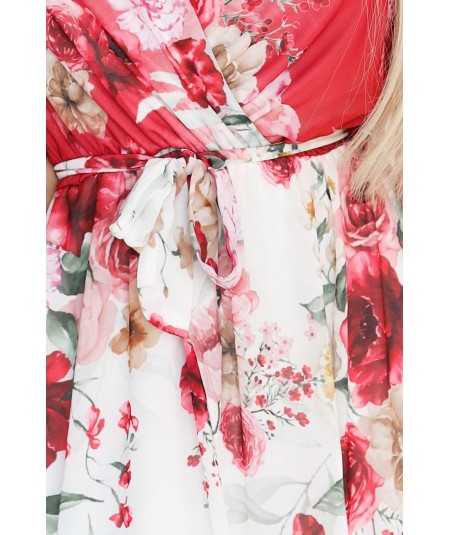 Kopertowa sukienka maxi w kwiaty o zwiewnym fasonie z paseczkiem czerwona