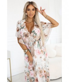 Kopertowa sukienka maxi w kwiaty o zwiewnym fasonie z paseczkiem beż