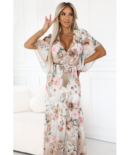 Kopertowa sukienka maxi w kwiaty o zwiewnym fasonie z paseczkiem beż