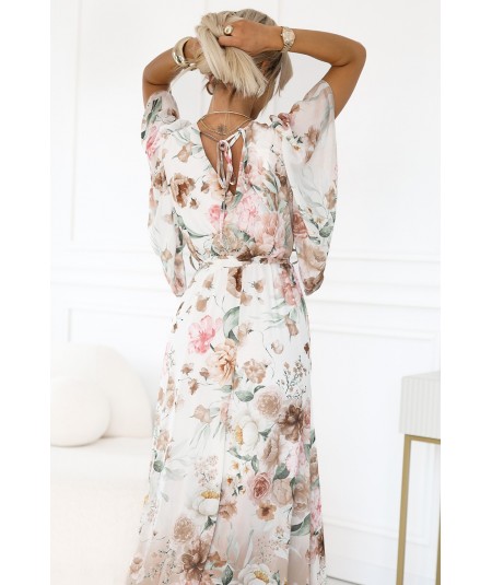 Kopertowa sukienka maxi w kwiaty o zwiewnym fasonie z paseczkiem beż