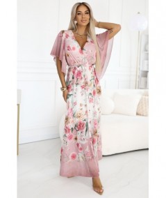 Kopertowa sukienka maxi w kwiaty o zwiewnym fasonie z paseczkiem róż