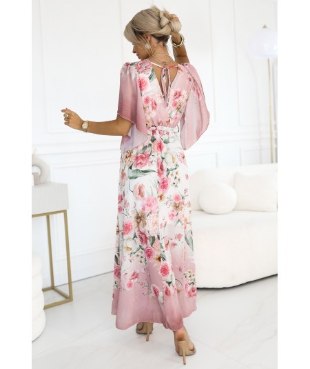 Kopertowa sukienka maxi w kwiaty o zwiewnym fasonie z paseczkiem róż