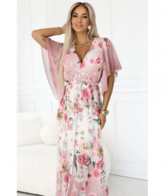 Kopertowa sukienka maxi w kwiaty o zwiewnym fasonie z paseczkiem róż