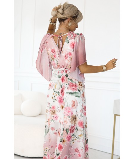 Kopertowa sukienka maxi w kwiaty o zwiewnym fasonie z paseczkiem róż