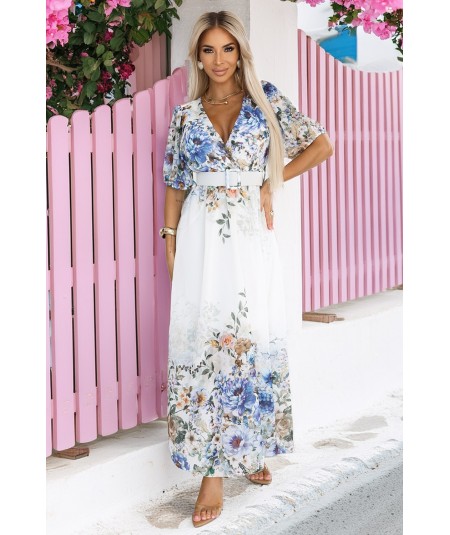 Błękitna zwiewna sukienka MAXI w kwiaty kopertowy dekolt Celina