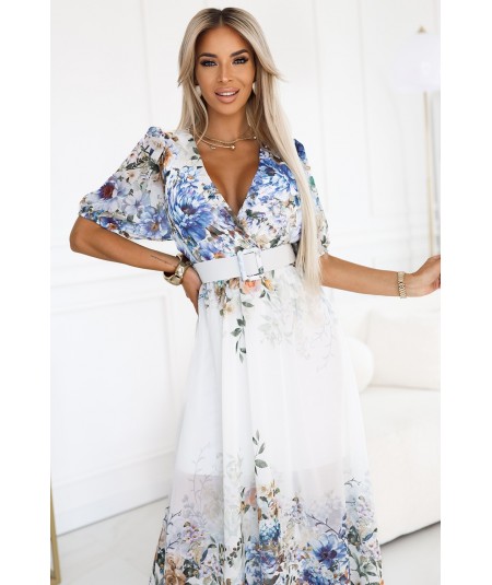 Błękitna zwiewna sukienka MAXI w kwiaty kopertowy dekolt Celina