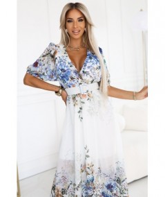 Błękitna zwiewna sukienka MAXI w kwiaty kopertowy dekolt Celina