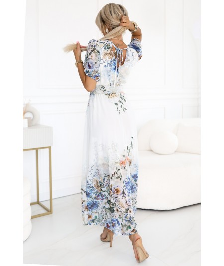 Błękitna zwiewna sukienka MAXI w kwiaty kopertowy dekolt Celina