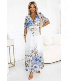 Błękitna zwiewna sukienka MAXI w kwiaty kopertowy dekolt Celina