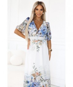 Błękitna zwiewna sukienka MAXI w kwiaty kopertowy dekolt Celina