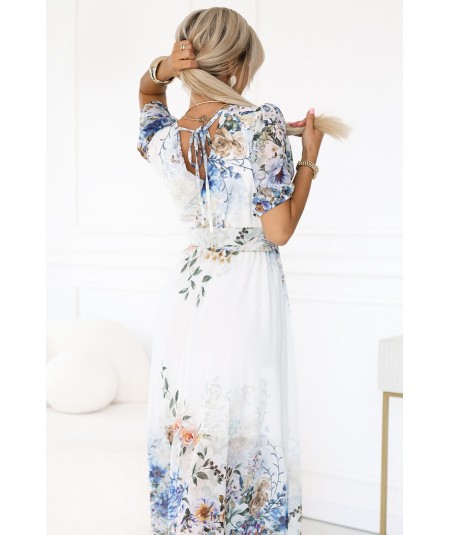 Błękitna zwiewna sukienka MAXI w kwiaty kopertowy dekolt Celina