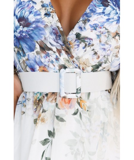 Błękitna zwiewna sukienka MAXI w kwiaty kopertowy dekolt Celina