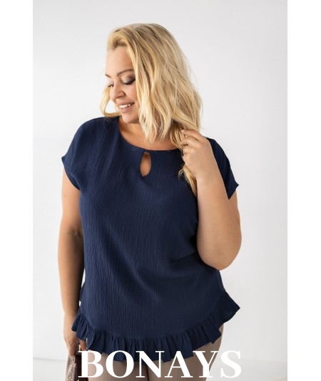 Aniela - Bluzka kimono plus size z falbanką i dekoltem łezką granatowa