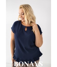 Aniela - Bluzka kimono plus size z falbanką i dekoltem łezką granatowa