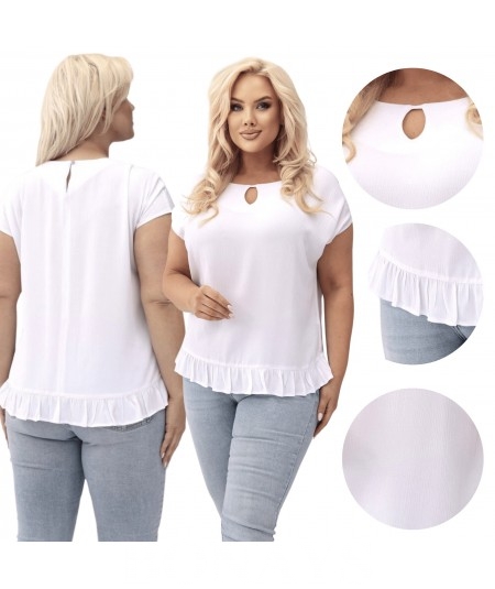 Aniela - Bluzka kimono plus size z falbanką i dekoltem łezką kolor biały