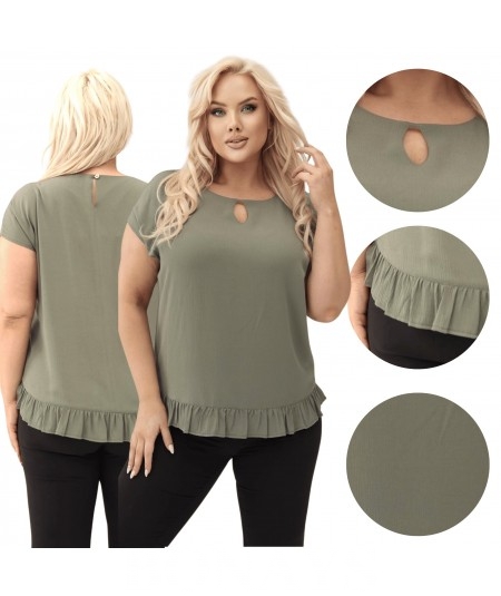 Aniela - Bluzka kimono plus size z falbanką i dekoltem łezką kolor khaki