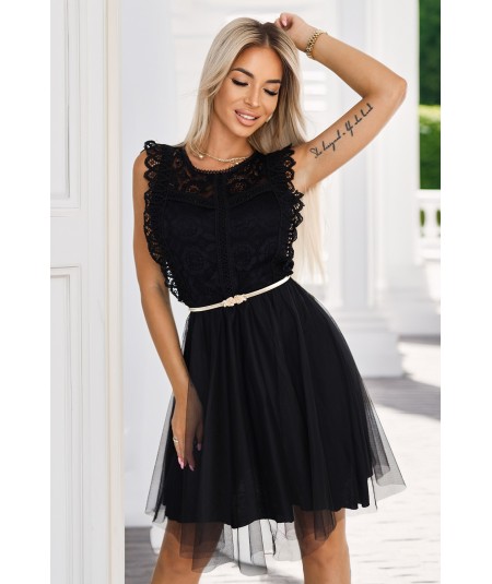 Czarna krótka sukienka z koronką i tiulową podszewką Greta