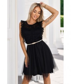 Czarna krótka sukienka z koronką i tiulową podszewką Greta