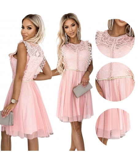 Brzoskwiniowa krótka sukienka z koronką i tiulową podszewką Greta