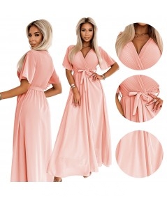 Brzoskwiniowa długa sukienka z plisowanym dekoltem i wiązaniem Emili