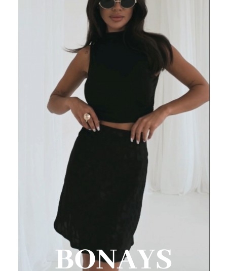 Czarna spódnica mini z gumką i wysokim stanem w cętki Lisse