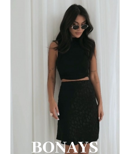 Czarna spódnica mini z gumką i wysokim stanem w cętki Lisse