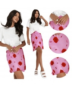 Różowa spódnica mini z gumką i wysokim stanem Lisse w róże