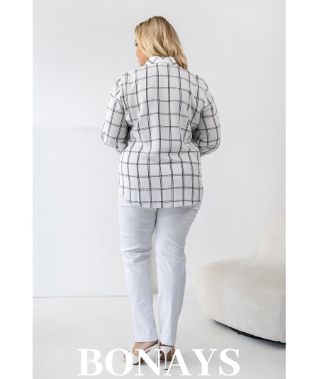 Biała koszula w szeroką kratę rękaw 3/4 i zapinanie na guziki Plus Size