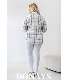 Biała koszula w szeroką kratę rękaw 3/4 i zapinanie na guziki Plus Size